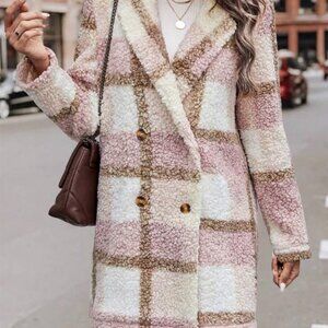 Pink-Brown-White Plaid Double Breasted Teddy Coat - Size L